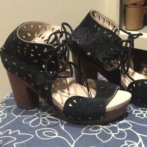 Black Laser-Cut Lace-Up Platform Heels